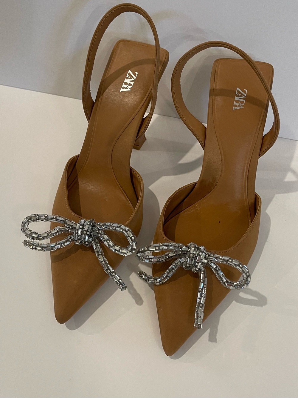 Zara Brown Pointed Slingback Heels with Crystal Bow Detail